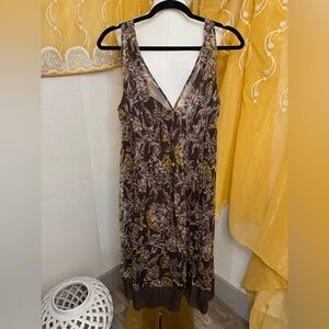 BCBGMaxAzria Brown and Green Floral Silk Midi Dress